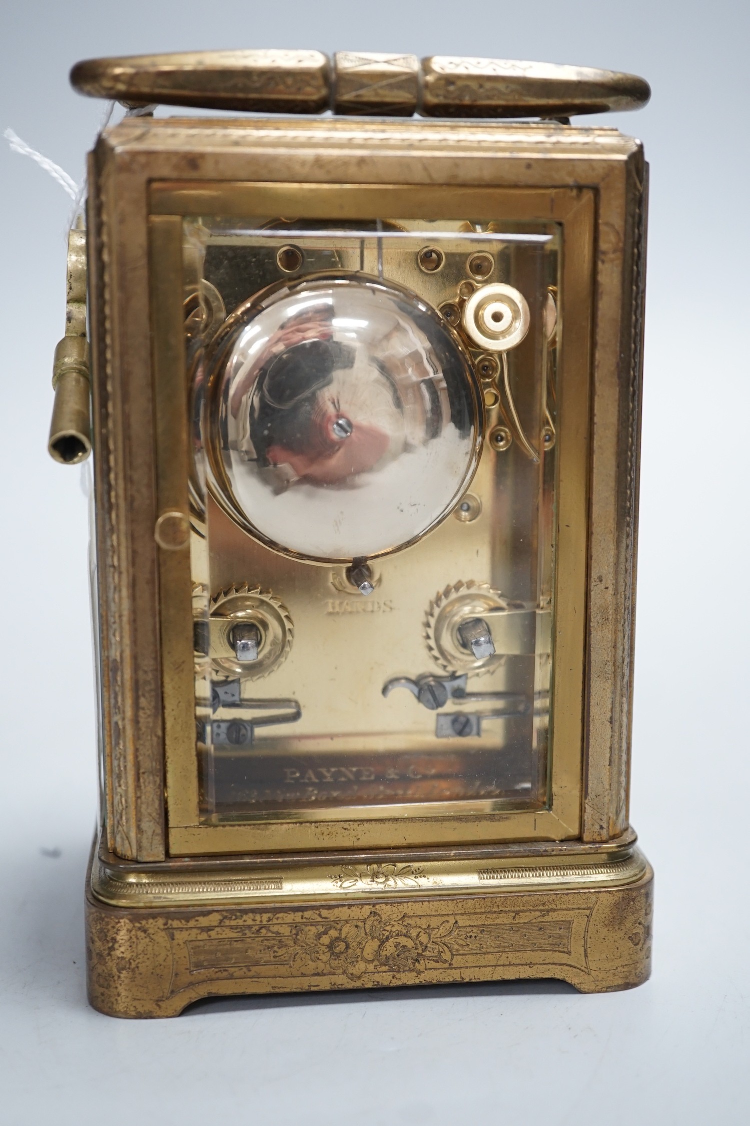 A 19th century French chased gilt brass hour-repeating carriage clock with black Roman dials and second spacers over a white dial, inscribed to movement plate Payne & Co, 163 New Bond Street, London